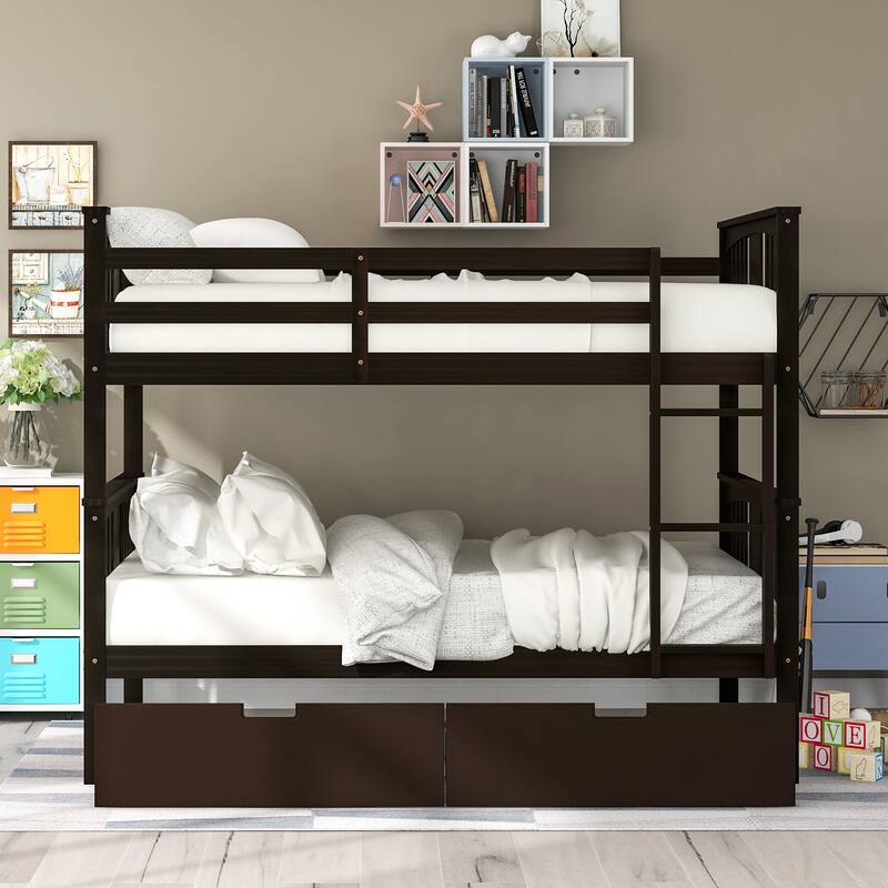 Full Pine Bunk Bed with Drawers, Ladder, and Headboard, Convertible to Two Beds