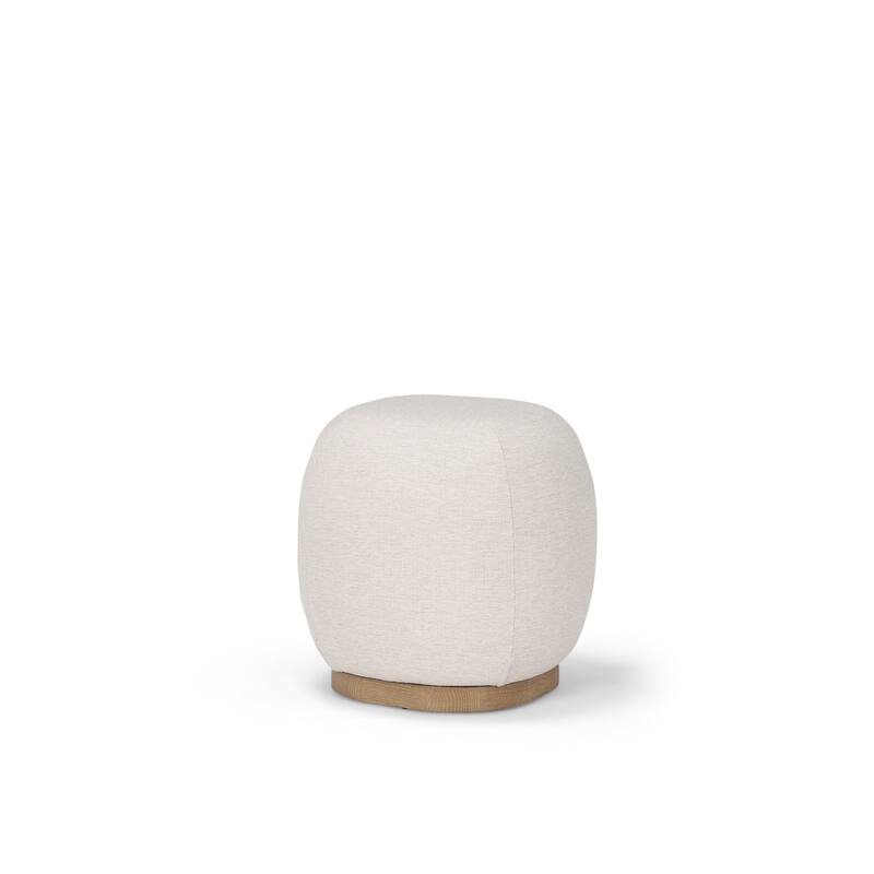 Siren Cream Fabric w/ Light Brown Wood Round Pouf