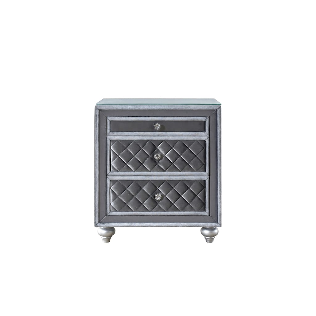 1pc Glam 3-Drawer Nightstand Velvet Tufted Drawer Front Jewelry Tray Faux Crystal Drawer Knobs