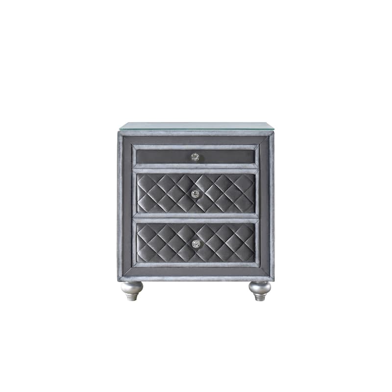 Luxury Upholstered Nightstand, Bedside Storage Cabinet with Velvet Tufted Drawer, Sofa Side Table with Tempered Glass Top - Gray