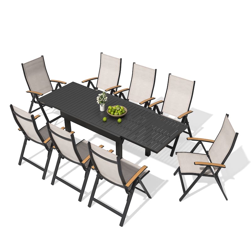 5/7/9/11-Piece Outdoor Patio Aluminum Expandable Rectangle Dining Table with Folding Chairs Set - Espresso - Set of 9