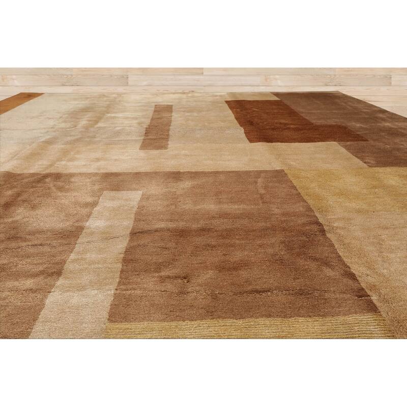 Hand Knotted Beige Tibetan Wool & Silk Modern Oriental Area Rug - 9' x 11' 11''