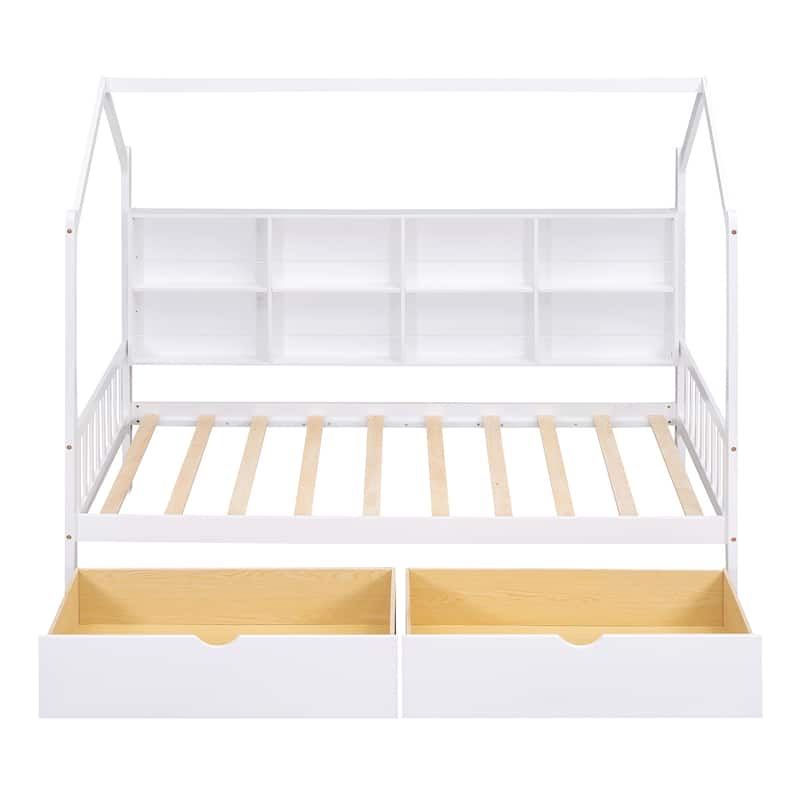 Wooden Twin Size House Bed with 2 Drawers,Kids Bed with Storage Shelf