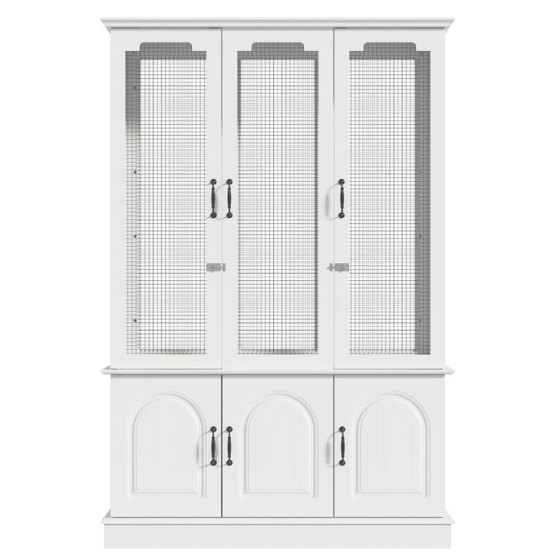 Indoor Bird Cage Cabinet with Storage Base, White Wooden Aviary with DIY Wire Mesh & Food Organizer