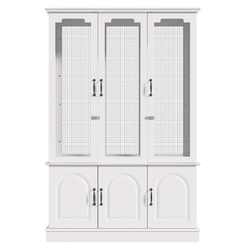 Large Wooden Bird Cage Cabinet with Storage, White Aviary Hutch with Black Metal Mesh, Tall Indoor Parrot Cage Furniture