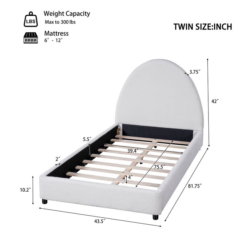 Upholstered Bed with Round Curved Headboard Wingback Bed, White Boucle Platform Bed Frame