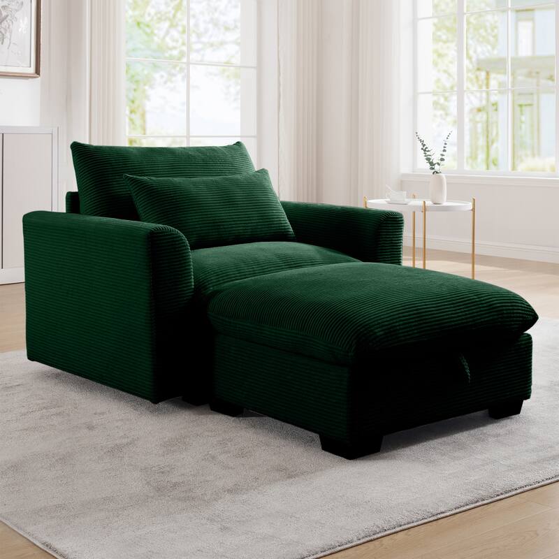 Modern Living Room Chair, Upholstered Fabric Accent Armchair, Corduroy Single Sofa Chair with Ottoman for Office/Bedroom