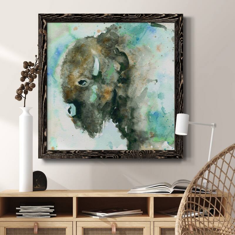 Buffalo On Blue-Premium Framed Canvas - Ready to Hang