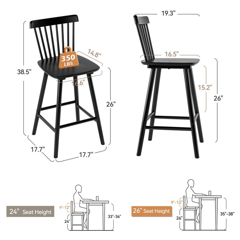 26 in. Modern Wooden Bar Stools with Slat Back Windsor-Style Solid Wood Counter Stools - 17.7 in. W x 17.7 in. D x 38.5 in. H