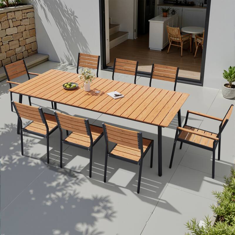 9-Piece Outdoor Patio Dining Set Wood-Like Table Top Alumium Umbrella Hole Table with Stackable Dining Chairs - Brown