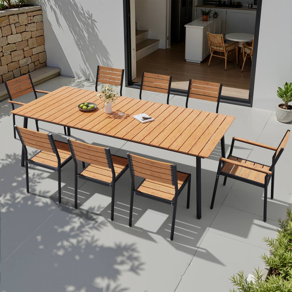9-Piece Outdoor Patio Dining Set Wood-Like Table Top Alumium Umbrella Hole Table with Stackable Dining Chairs