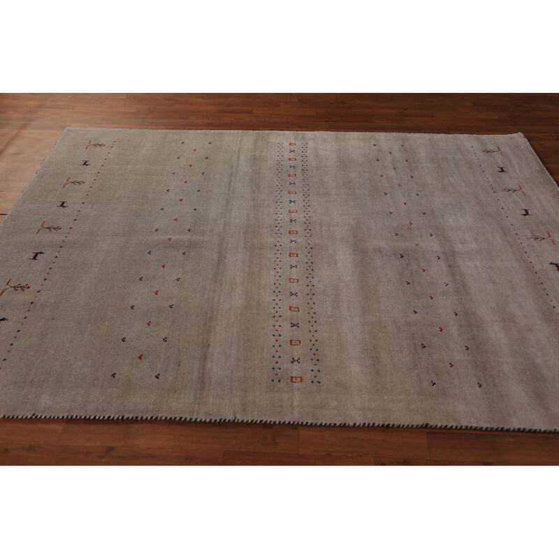 Tribal Gabbeh Area Rug Hand-Knotted Beige Wool Carpet - 5'8" x 7'9"