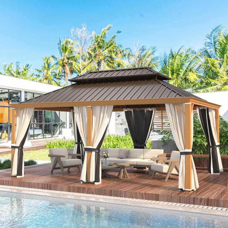 EROMMY Hardtop Patio Gazebo with Double Roof and Privacy Curtains, 12x16 FT Permanent Outdoor Metal Gazebo for Backyard, Deck - 12'x18' - Wood Grain