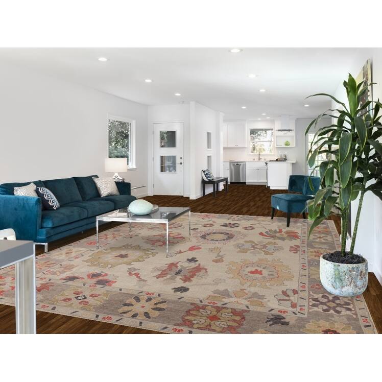 Hand Knotted Oriental 100% Wool Carpet Transitional All-Over Beige & Ivories Oushak Area Rug - 12' 5'' X 9' 1''