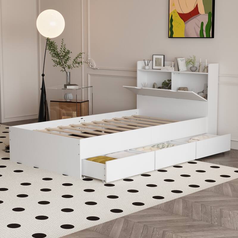 Timechee Twin Bed Frame with 3 Drawers And Hidden Storage Wood Frame