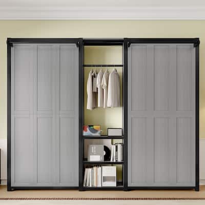 Twin Murphy Bed with Wardrobe - Metal Foldable Wall Bed, Shelves & Power Outlets, Space-Saving 2-in-1 Design
