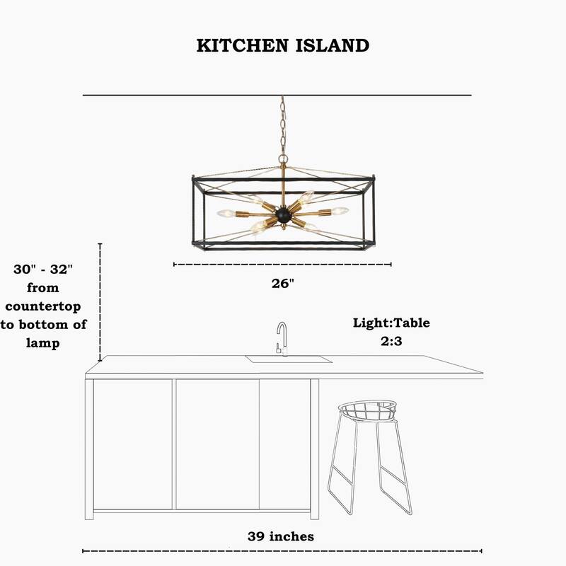 Leno Modern Farmhouse 8-Light Black Gold Rectangle Chandelier Starburst Island Lights for Dining Room - 26" L x 10" W x 14" H