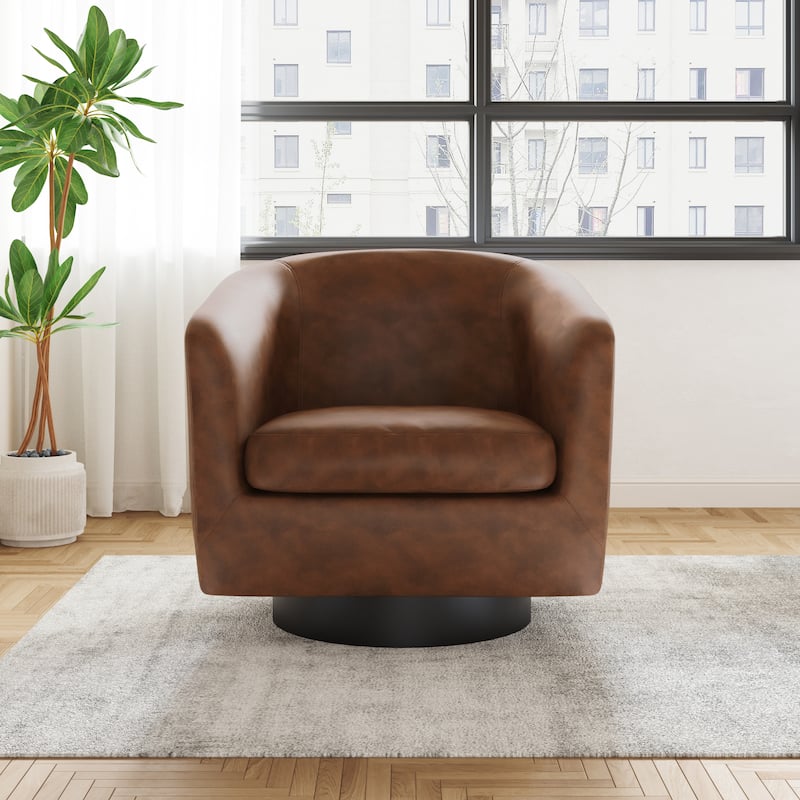 Faux Leather Wide Seat Swivel Barrel Chair