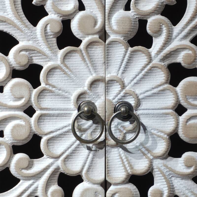 Rustic Carved Sideboard Buffet, Wood 4-Door Accent Cabinet, Storage Cabinet with Floral Hand-Carved Doors