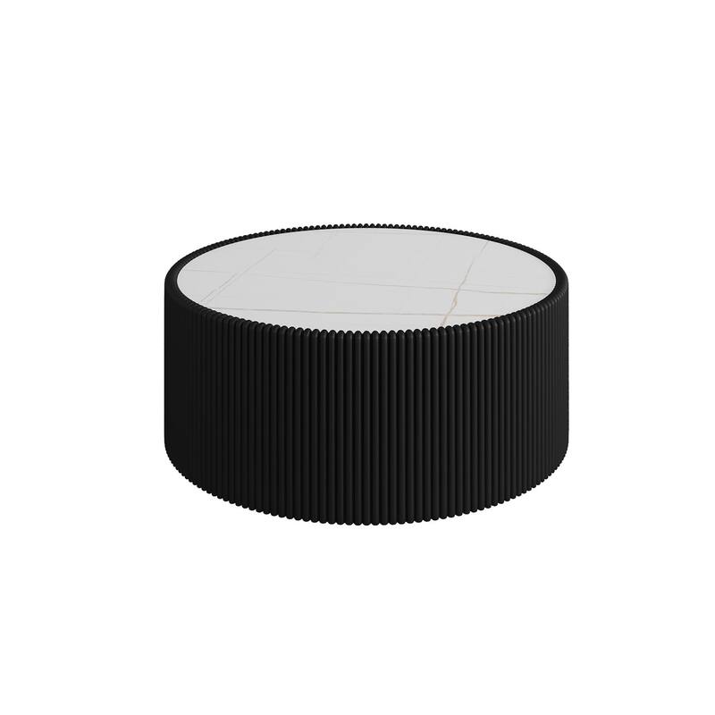 Light Sintered Stone Cylinder Leather Coffee Table - Unique Gold Accent - Black,White+Gold