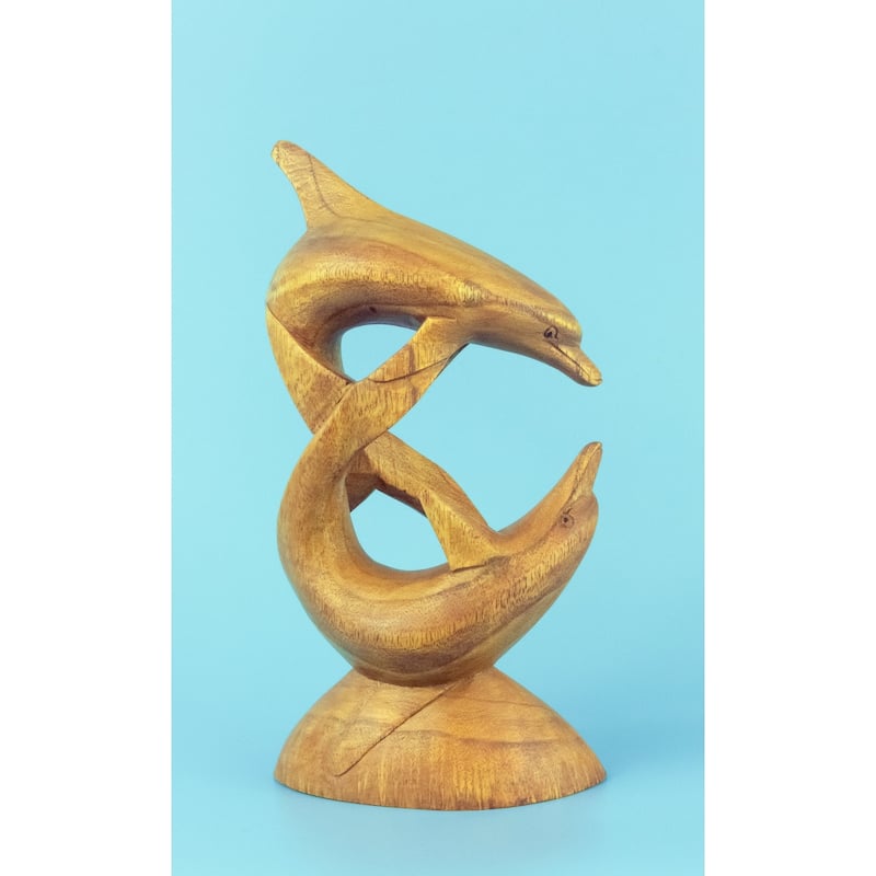 Wooden Hand Carved Dolphins Statue Sculpture Wood Decorative Home Decor Accent Figurine Handcrafted Handmade Seaside Tropical