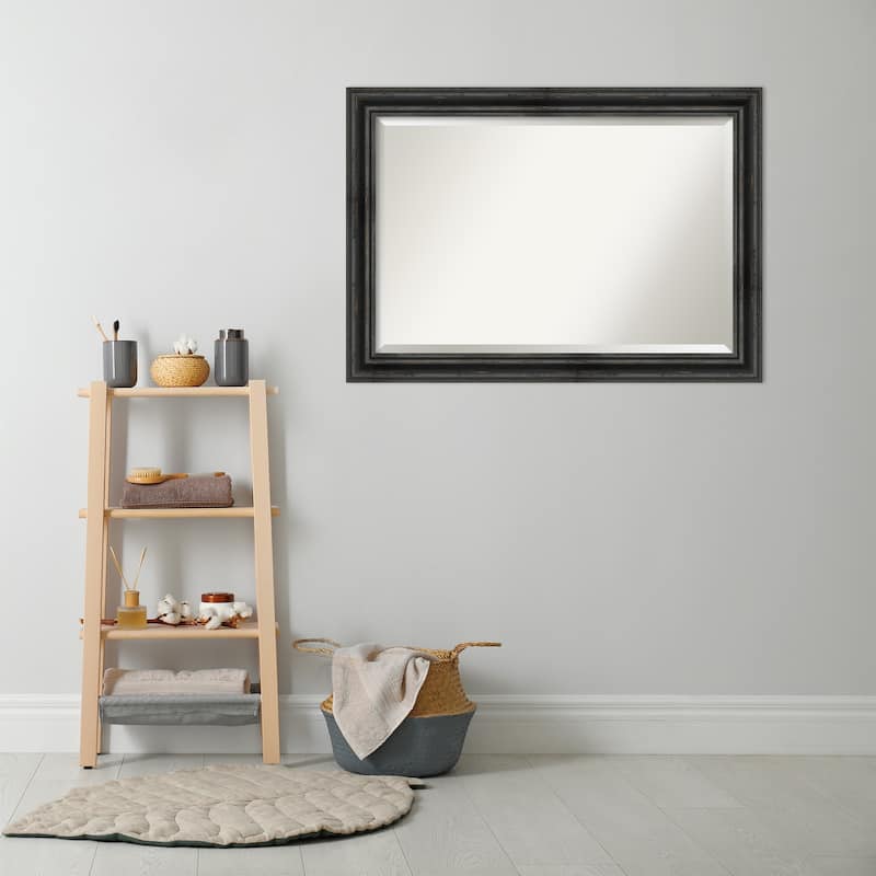 Beveled Wood Bathroom Wall Mirror - Rustic Pine Black Frame