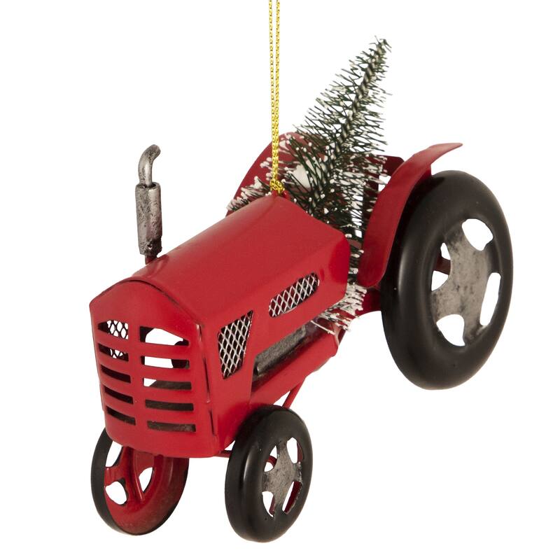 Metal Tractor with Frosted Tree Christmas Ornament - 3" - Red and Silver