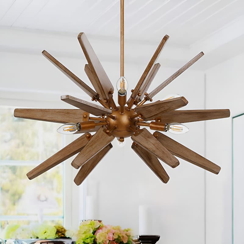 6 - Light Natural Metal Wood Sputnik Sphere Chandelier - Bronze