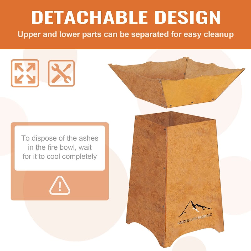 Aoodor 24" Rustic Corten Steel Fire Pit with 27" Stand, Rust Patina Finish, Detachable Wood-Burning Fire Bowl - N/A