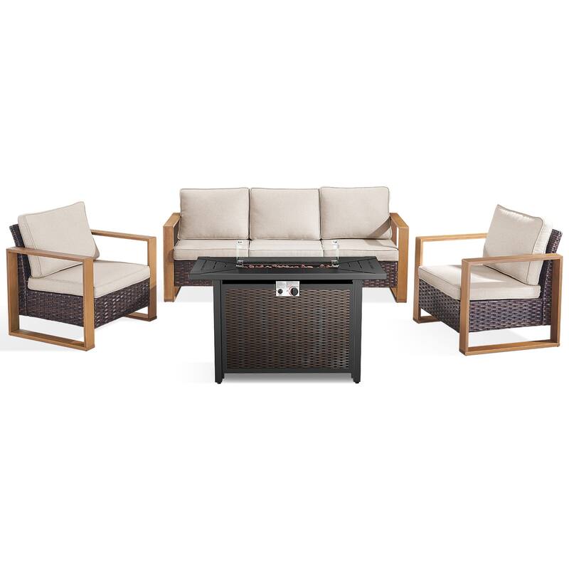 Meyreso Wicker Patio Conversation Set with Metal Fire Pit Table & Olefin Cushions