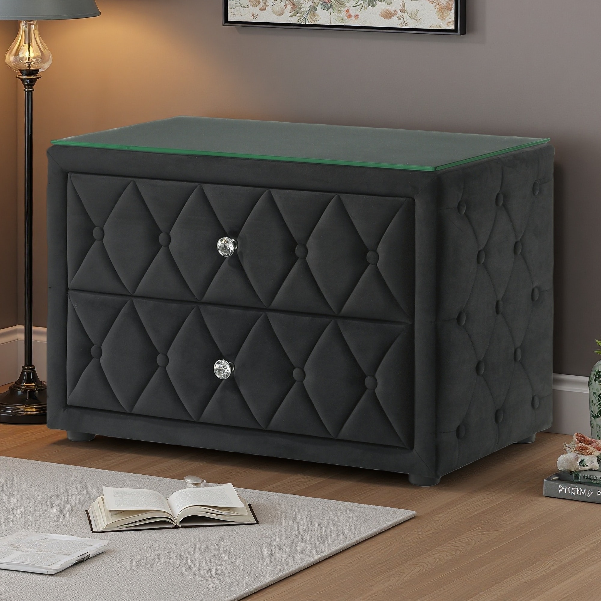 31.25"L Wooden Nightstand with Velvet Upholstery , Diamond-Tufted Design, 2 Spacious Drawers, Faux Crystal Pulls, Glass Top