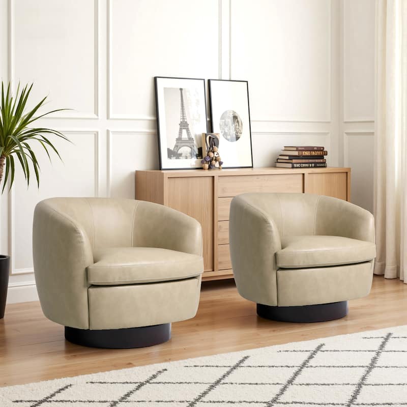 UIXE 2 Set Modern PU Leather Swivel Barrel Chairs Rounded Accent Chair - Cream