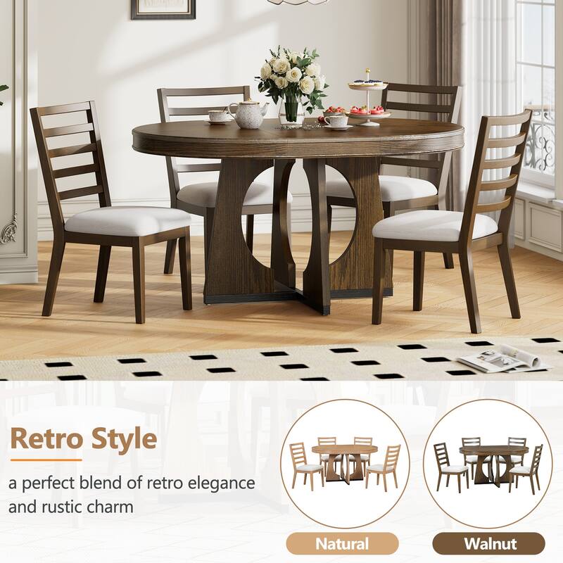 5-Piece Retro Dining Table Set, Extendable Round Table with Removable Leaf