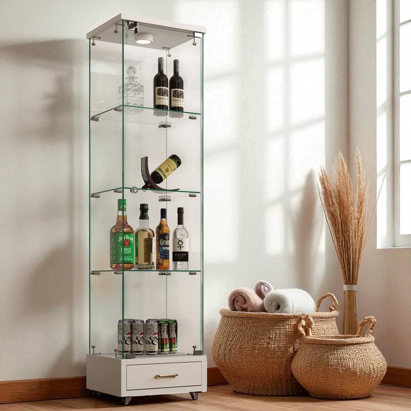 65.9" Modern Glass Display Cabinet with Drawer, LED Lights, Lockable Storage & 4 Tempered Glass Shelves