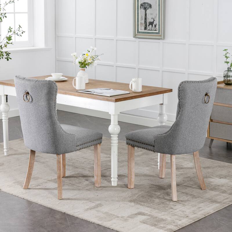 Modern Tufted Dining Chair with Wood Legs, Nailhead Trim, Set of 2