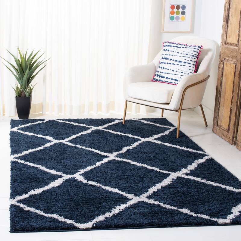 SAFAVIEH August Shag Velea Trellis 1.2-inch Thick Rug - 9' x 12' - Navy/Ivory