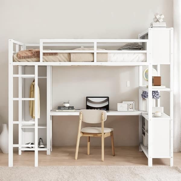 slide 2 of 10, Full Size Metal Loft Bed Frame with Wardrobe & L-shaped Desk, Heavy Duty Storage Solution for Kids, Teens & Adults, White Off-White