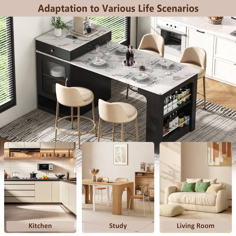 59.5" Kitchen Island with Extendable Table, Double-Sided Storage, Power Outlet, Drawers and Shelves