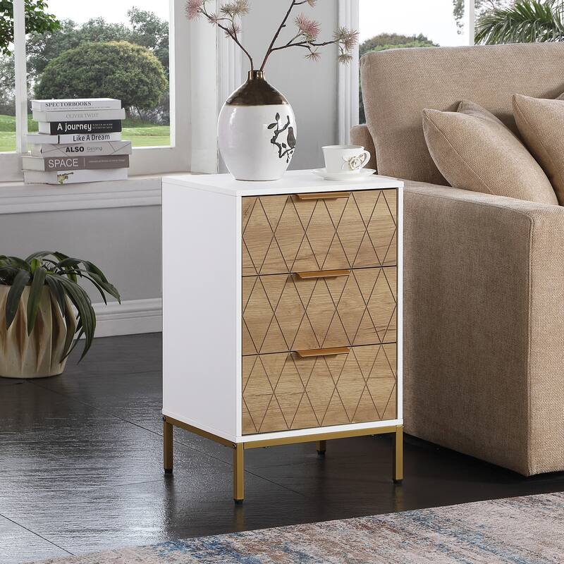 Nightstand with 3 Drawers, Mid-Century Modern End Table,Gold Metal Feet, Gold Metal Handles