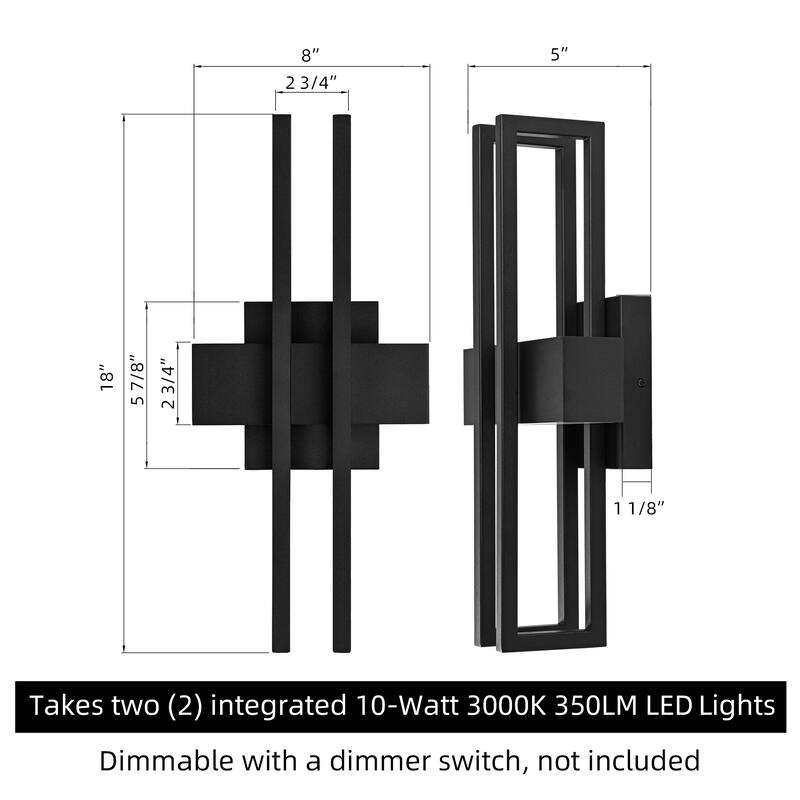 18 in. Sand Black 2x10W Integrated LED Outdoor Wall Lantern Sconce - Dimmable, 3000K, Wet Rated, Contemporary
