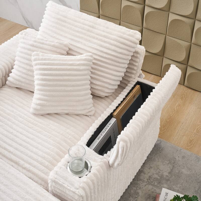 White Corduroy Single Sofa with Pillows and Ottoman