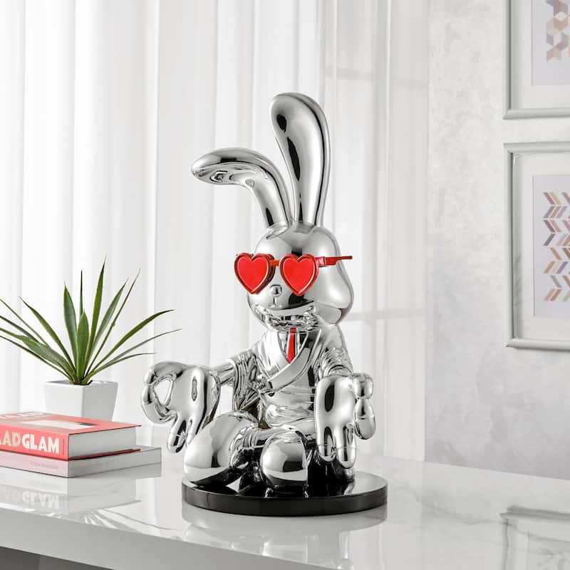 Sitting Bunny with Tie and Glasses Resin Handmade Sculpture - N/A