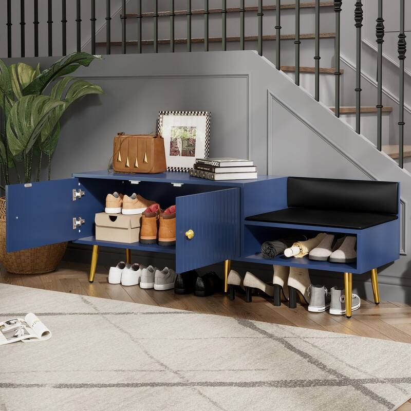 Modern Shoe Storage Bench with Storage Cabinet and Upholstered Cushions, Entryway Bench with Open Compartment for Living Room