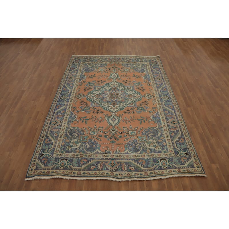 Hand Knotted Oriental 100% Wool Carpet Traditional Floral Oranges & Rust Tabriz Area Rug - 9' 7'' X 6' 8''