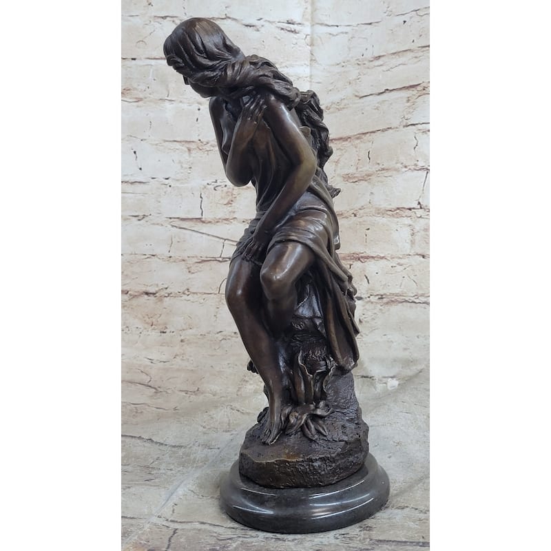 Signed French Roche Fair Maiden Bronze Sculpture Art Deco Marble Base Figurine