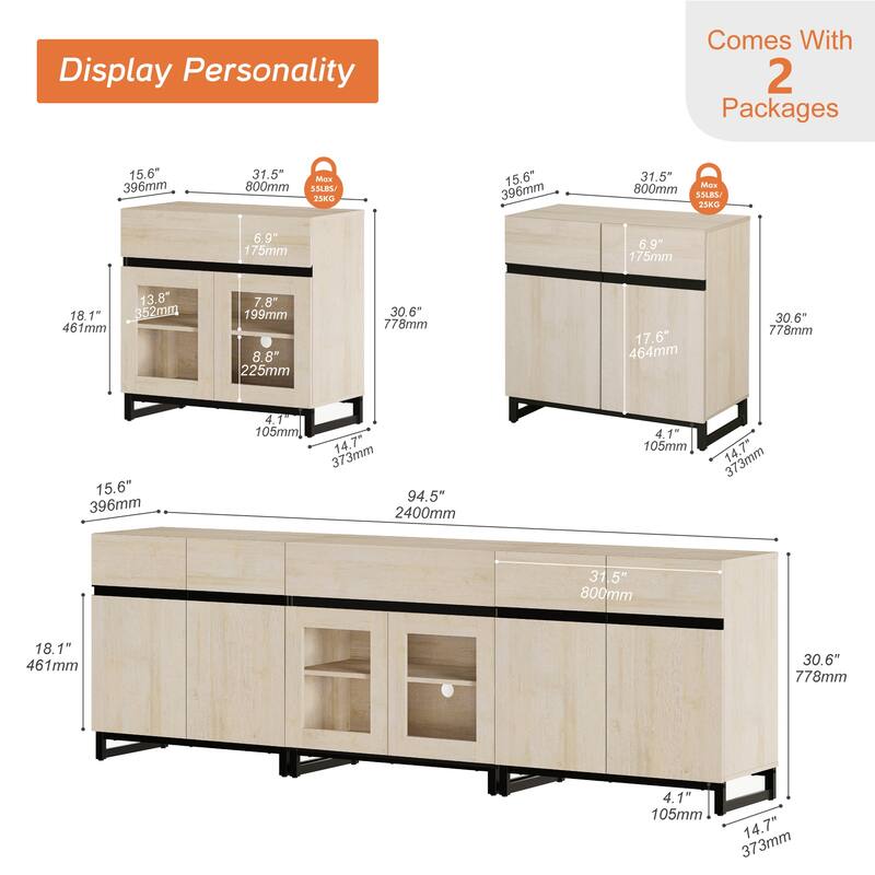 WAMPAT Modern Dresser with Adjustable Shelves and Drawer, 3 in 1 Storage Cabinet with Glass Doors, Chest of Drawers for Bedroom