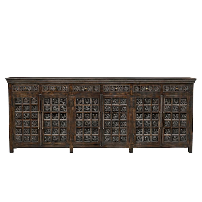 HomeRoots 107" Brown Distressed Solid Wood Carved Floral Six Drawer Sideboard with Six Doors