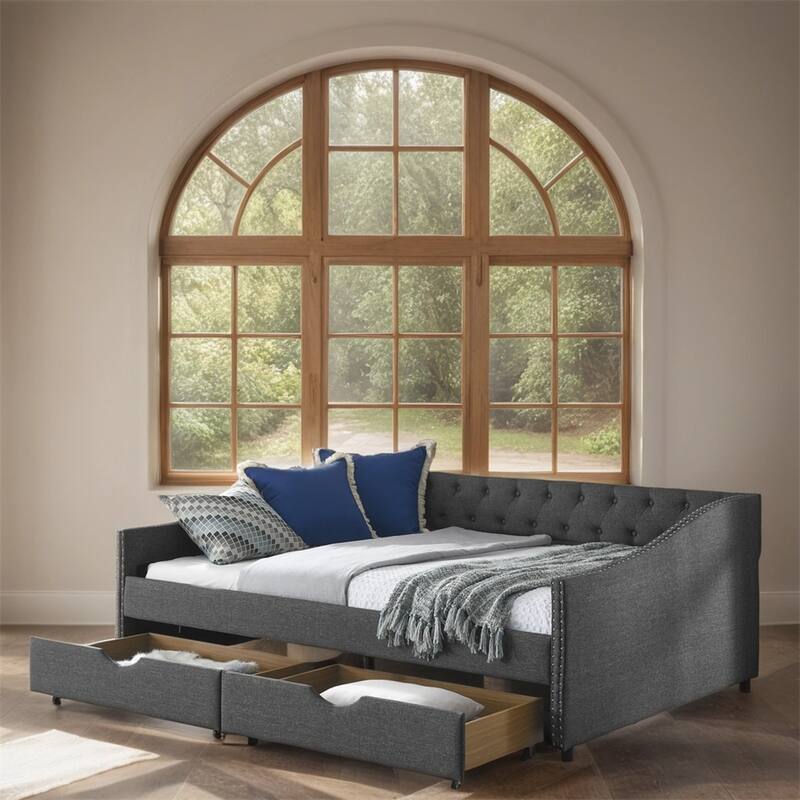Full Size Upholstered Tufted Daybed with Drawers and Copper Nail