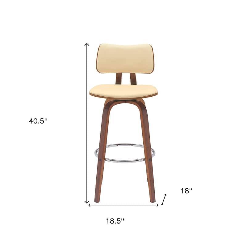 30" Cream And Wood Brown Faux Leather Swivel Low Back Bar Height Bar Chair