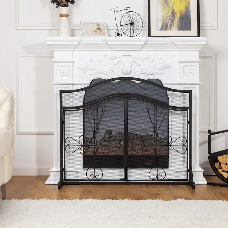 Elegant 2 Panel Black Unique Pattern Iron Fireplace Screen- - 37.8'' x 12.2'' x 31.1''